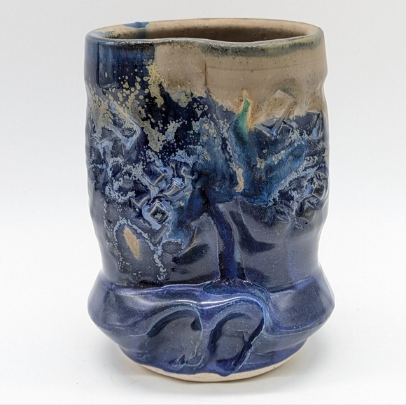 Handmade Tan Blue Glazed Earthenware Ceramic Abstract Mug Vase - Picture 6 of 11